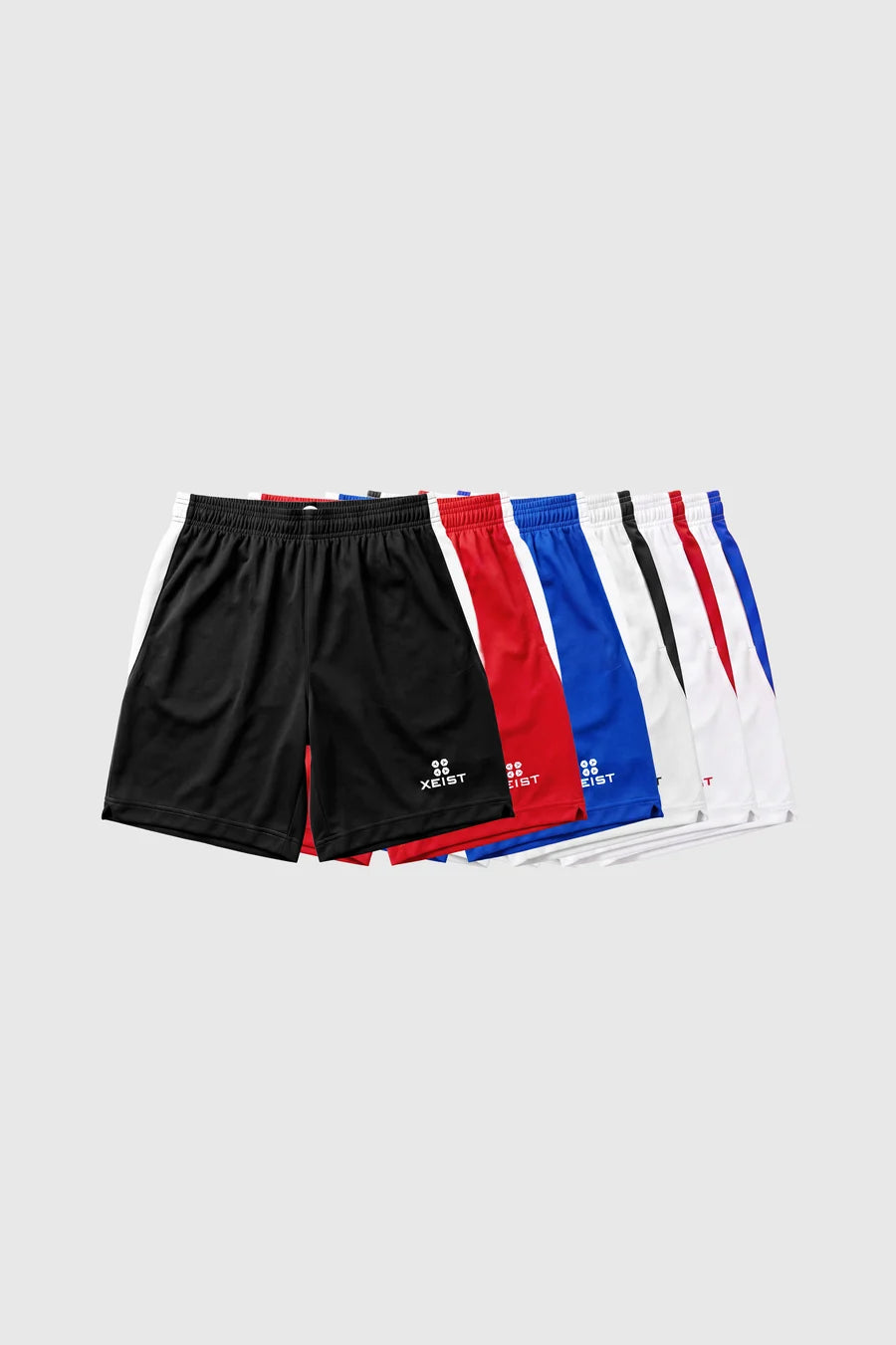 XEIST basketball shorts in black, red, blue and white